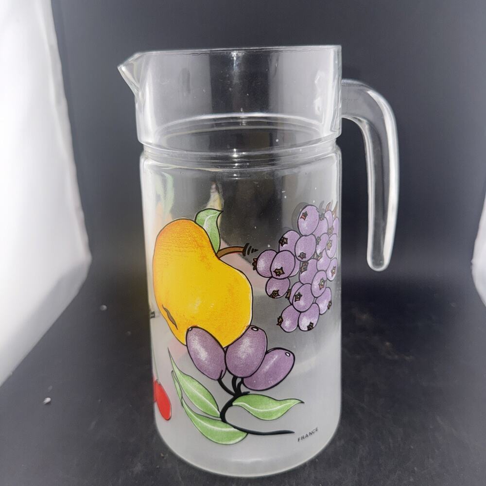 Vintage Dartington France Frosted Glass Pitcher Hand Painted Fruit Design Jug